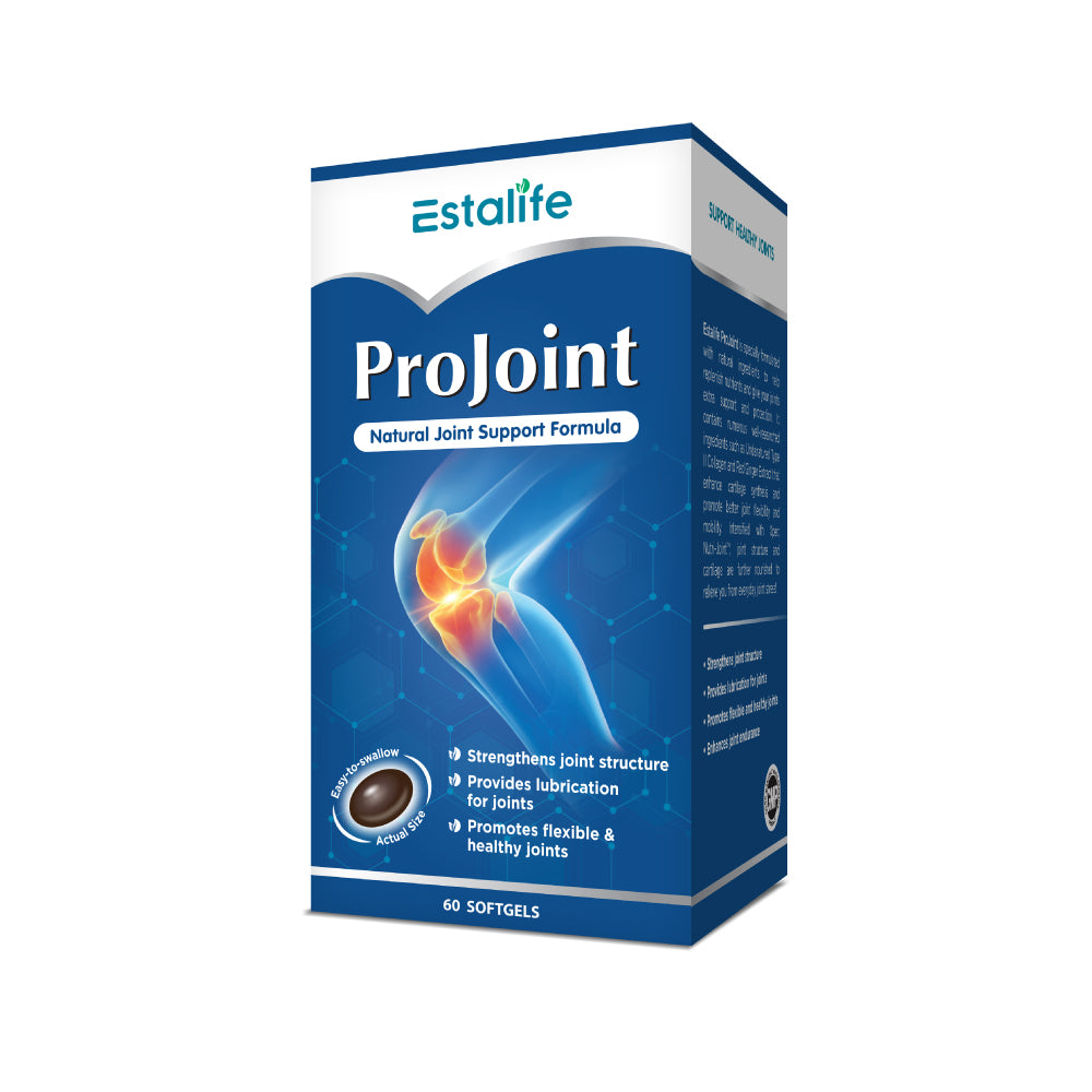 Estalife Projoint joint support undenatured type collagen red ginger cartilage flexibility mobility xpert nutri joint lubrication osteoarthritis stiffness numbness cracking swelling pain glucosamine hyaluronic acid rosehip safflower fish oil vitamin D stronger bone