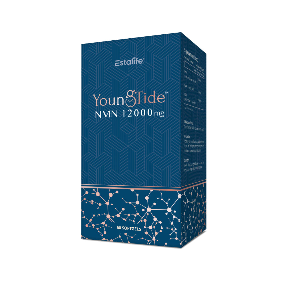 Estalife YoungTide NMN 12000mg anti-aging supplement vitamin B3 metabolite NAD+ aging antioxidant brain heart Nicotinamide Mononucleotide Coenzyme Q10 Medium Chain Fatty Acids longevity youthful vitality loss memory hearing energy sleep quality osteoarthritis dementia softgel