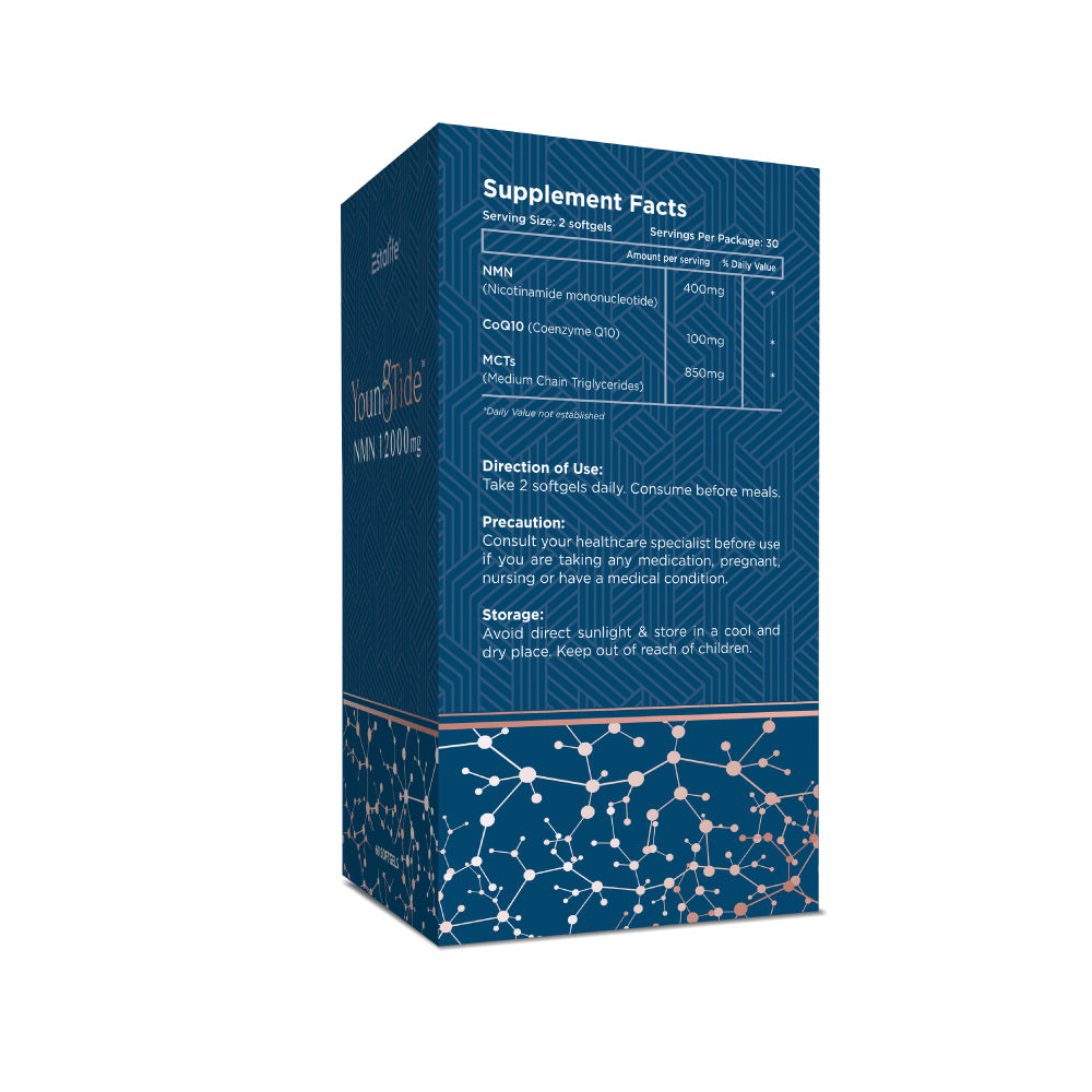 Estalife YoungTide NMN 12000mg anti-aging supplement vitamin B3 metabolite NAD+ aging antioxidant brain heart Nicotinamide Mononucleotide Coenzyme Q10 Medium Chain Fatty Acids longevity youthful vitality loss memory hearing energy sleep quality osteoarthritis dementia softgel