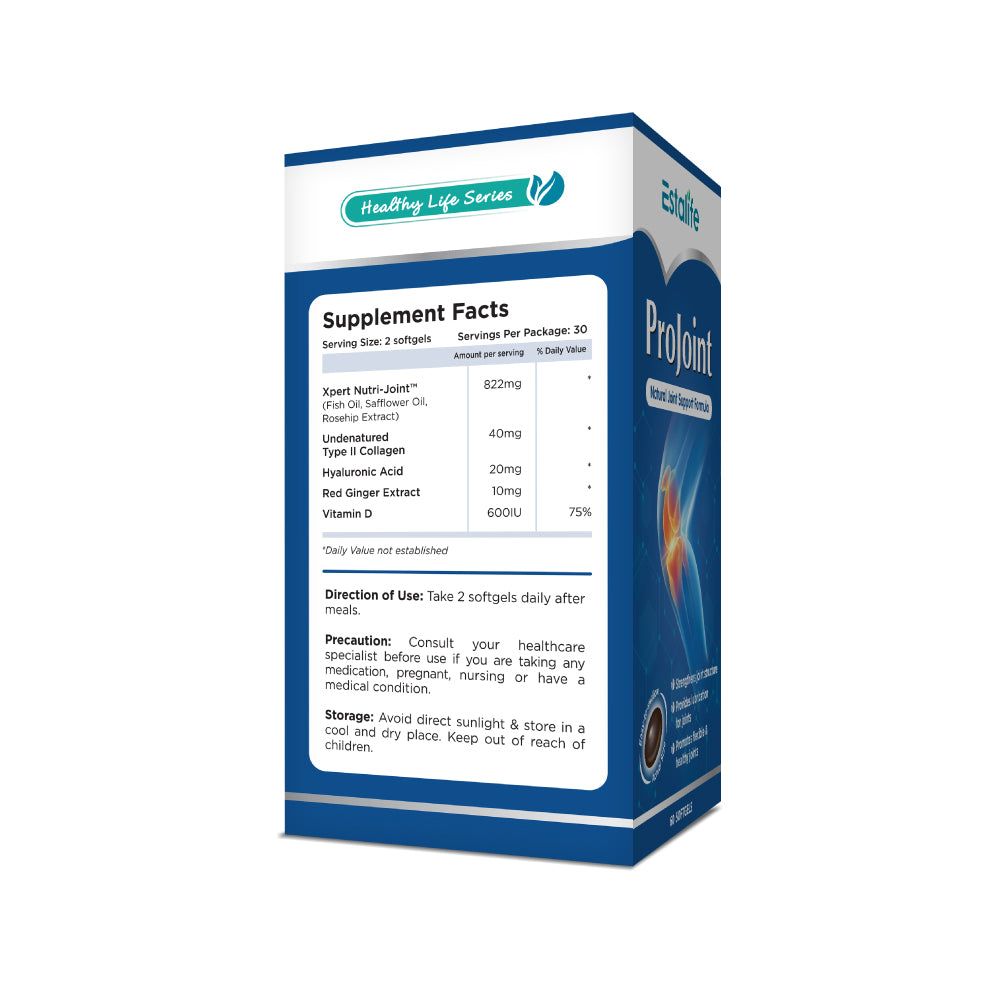 Estalife Projoint joint support undenatured type collagen red ginger cartilage flexibility mobility xpert nutri joint lubrication osteoarthritis stiffness numbness cracking swelling pain glucosamine hyaluronic acid rosehip safflower fish oil vitamin D stronger bone